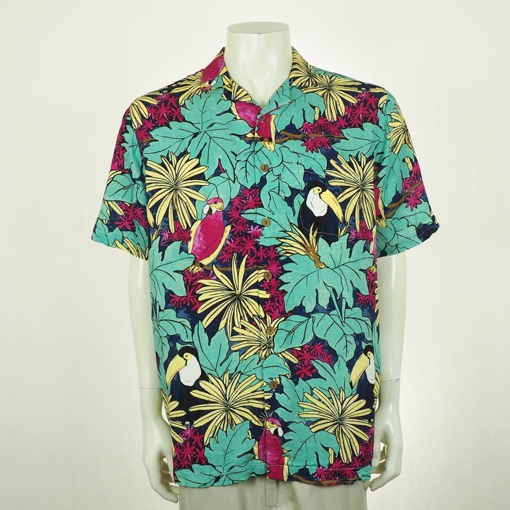 Caribbean Hawaiian Shirt Mens Large Blue Floral AOP Toucan Parrot Tropical Birds